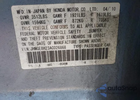 2010 Honda Fit z USA, uszkodzony, nr VIN JHMGE8H23AC026868
